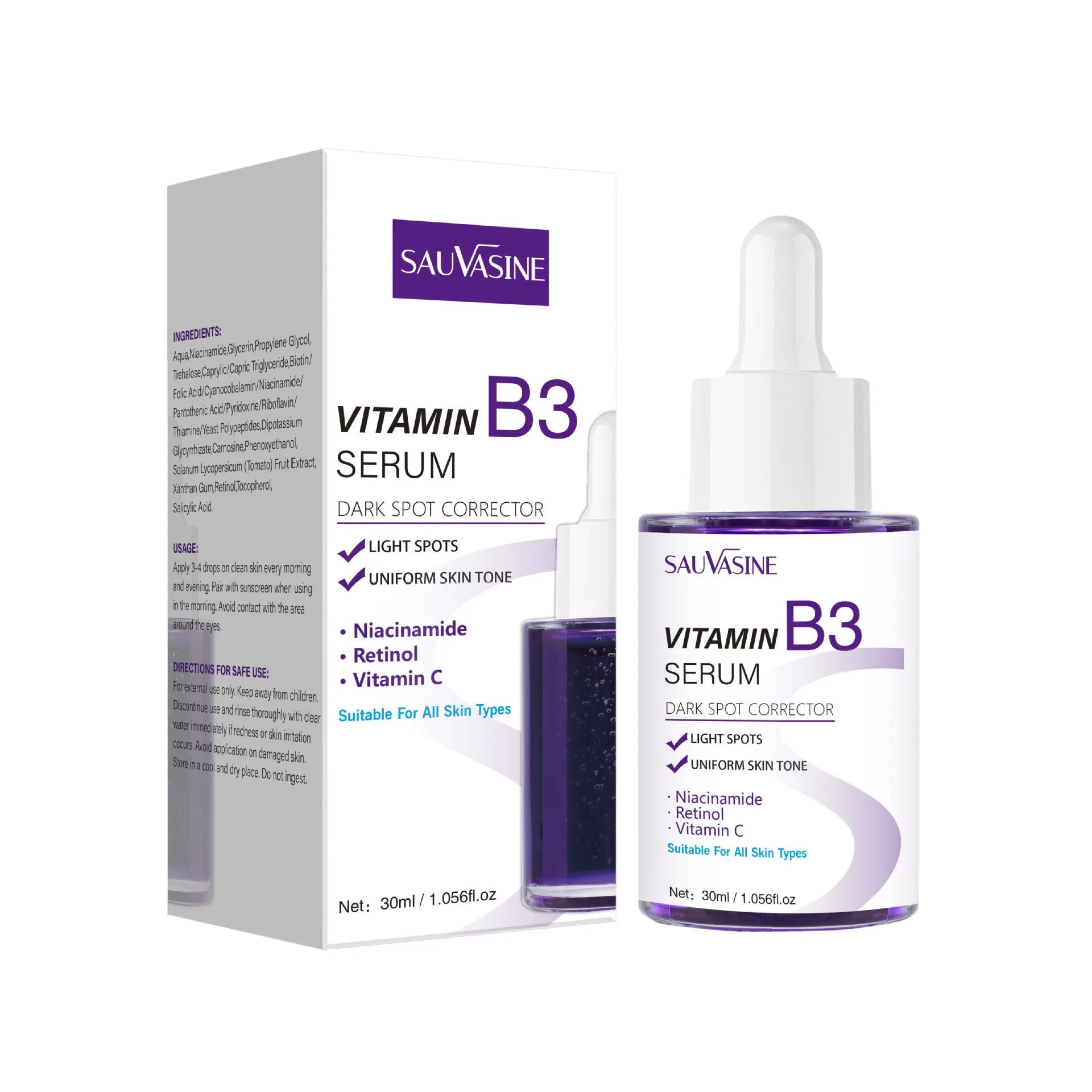 30ml Vitamin B3 facial essence in clear glass bottle for nourishing moisturising and firming