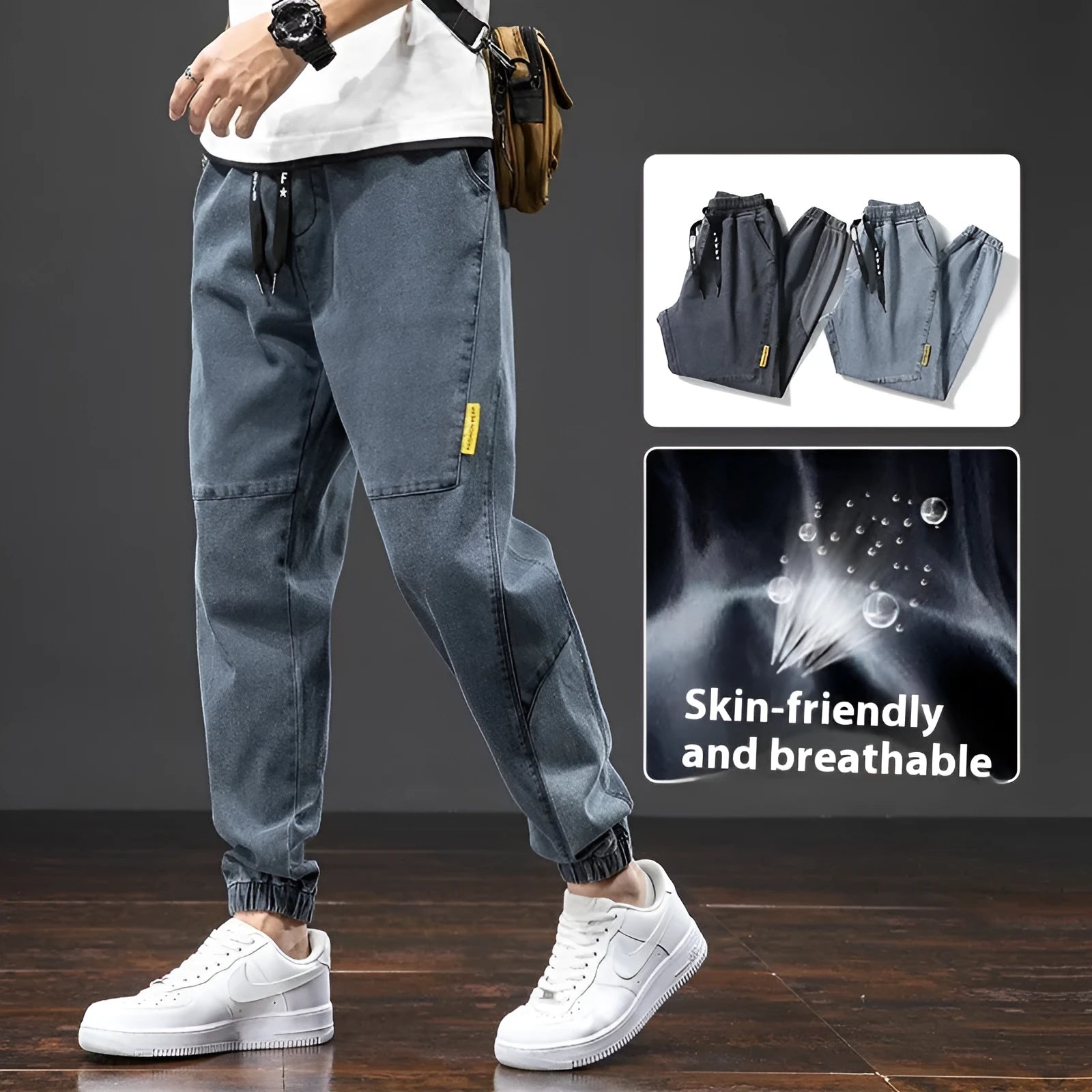 Men's loose fit cargo jeans in Korean style, showing straight leg and mid-waist design.