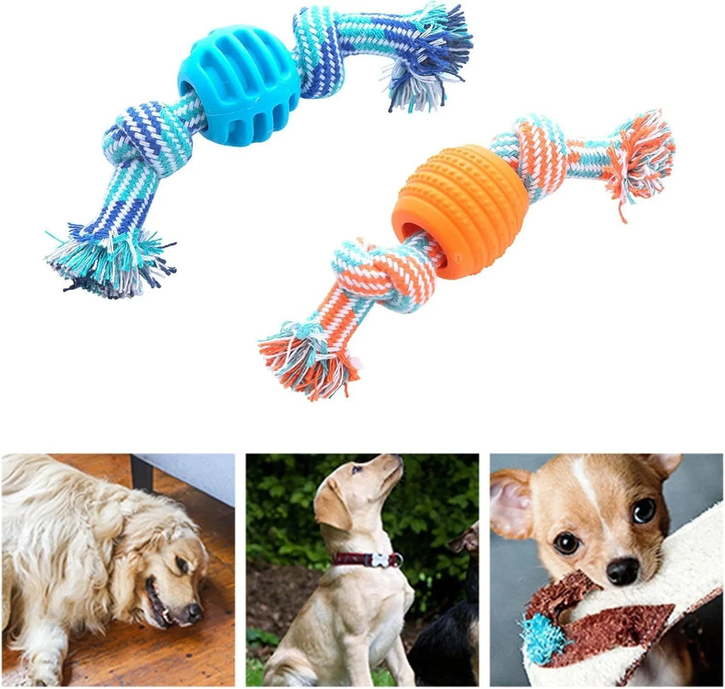 Blue dog chew toy with rope strands for dental care, 23 cm length
