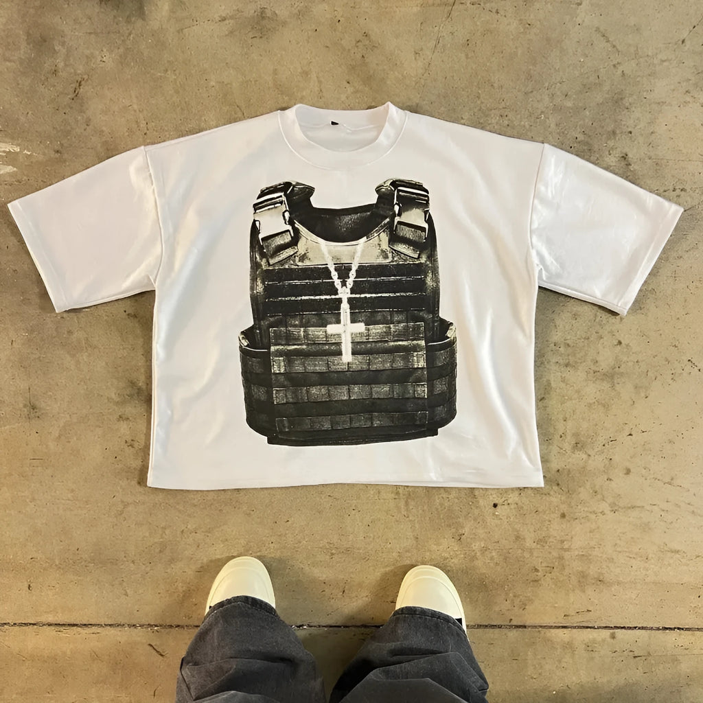 Printed cotton short sleeve retro street style t-shirt with drop-shoulder design