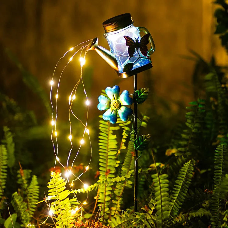 Solar iron kettle lamp with Butterfly motif, outdoor waterproof, 79.5cm height