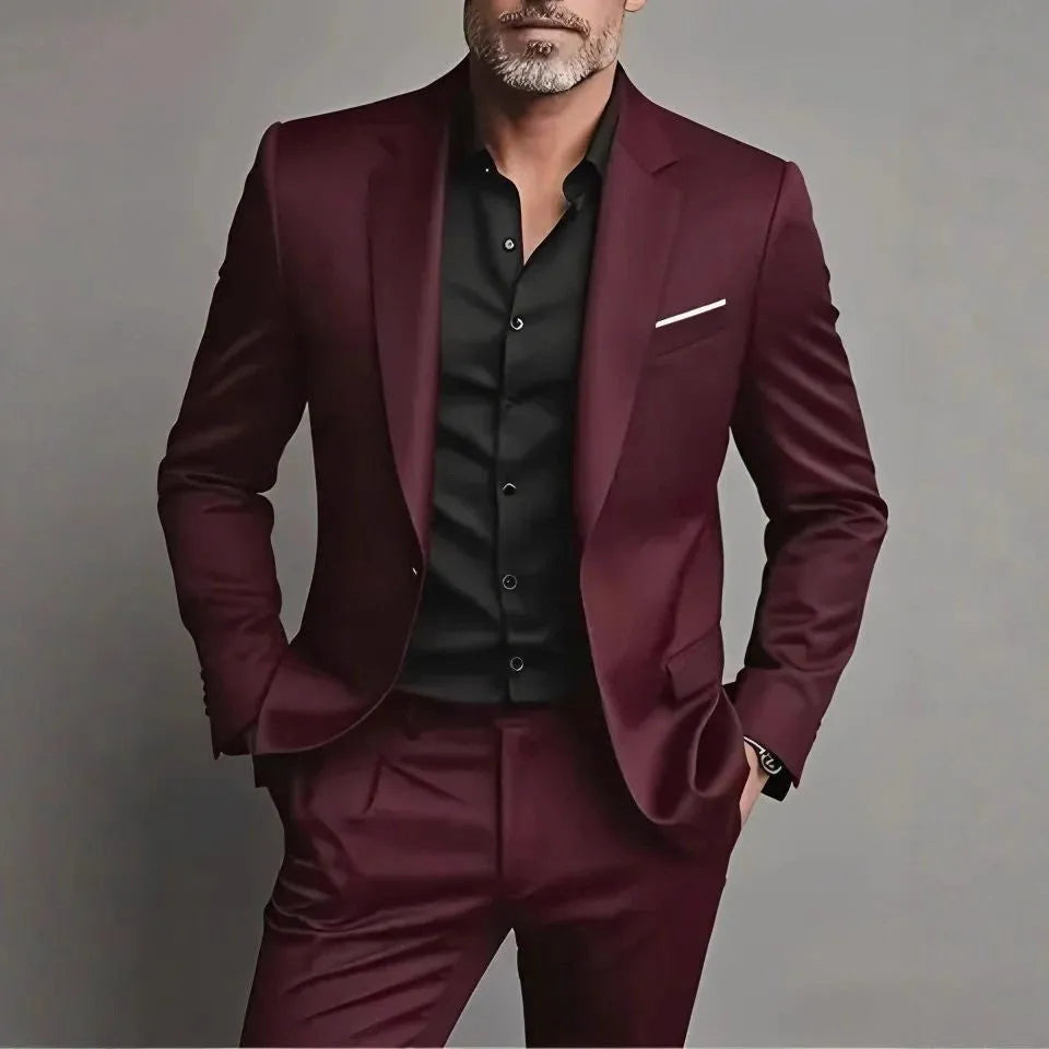 Men's slim fit casual two-piece suit set in black cotton blend fabric with coat and trousers on a hanger.