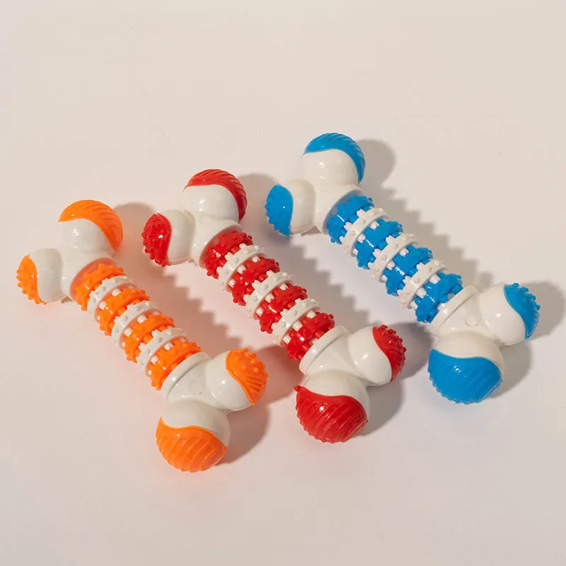 Blue bone-shaped interactive dog toy for small breeds with chewable ends and a treat holder in the centre.