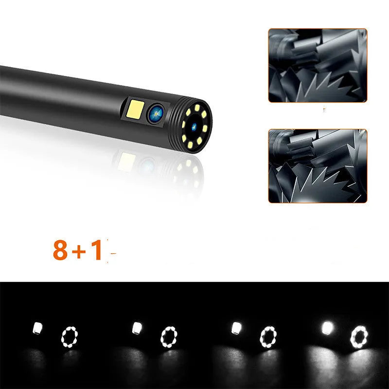 F300 wireless endoscope with dual-lens camera, hook, and magnet accessories on a smartphone displaying a live feed.