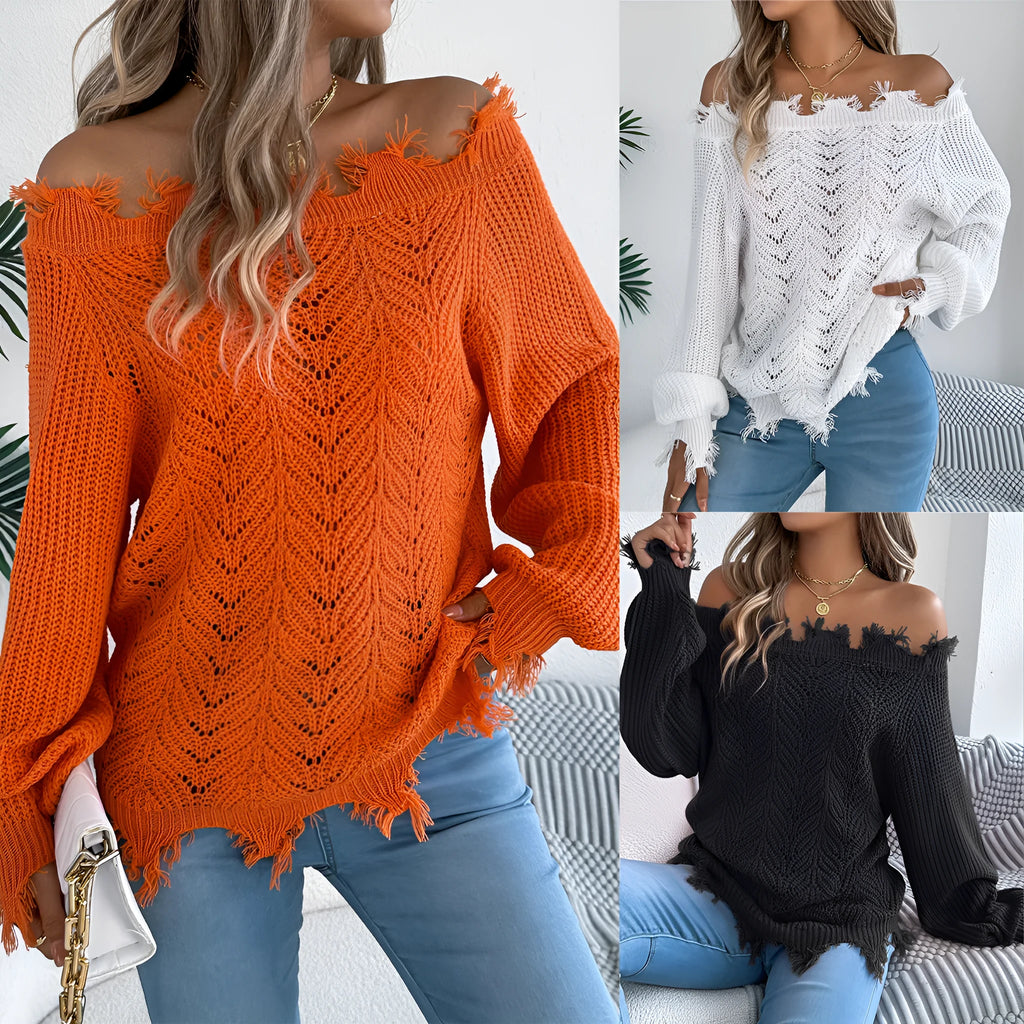 Cut off-the-shoulder acrylic sweater with hollow-out detailing in black, orange, and white colour options