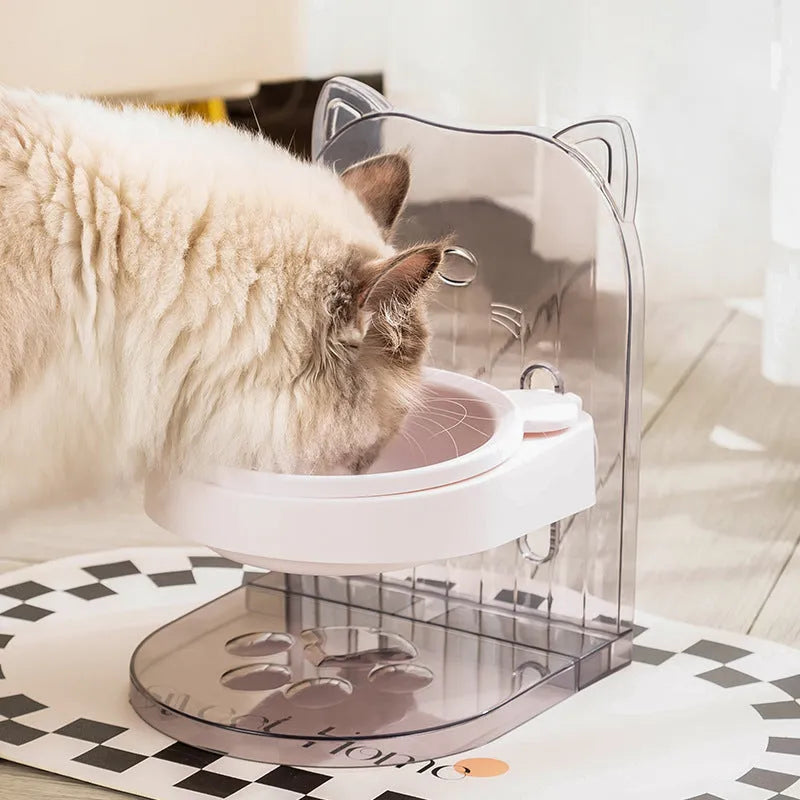 Grey cat ear pet feeding bowl in adjustable hanging cage with anti-spill design