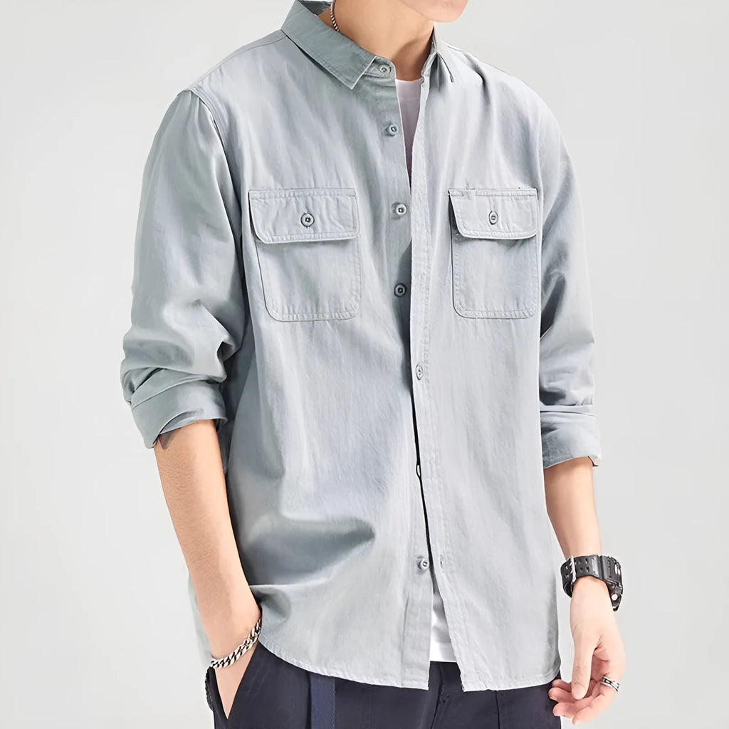 Men's loose fit cardigan-style long sleeve shirt in polyester fibre