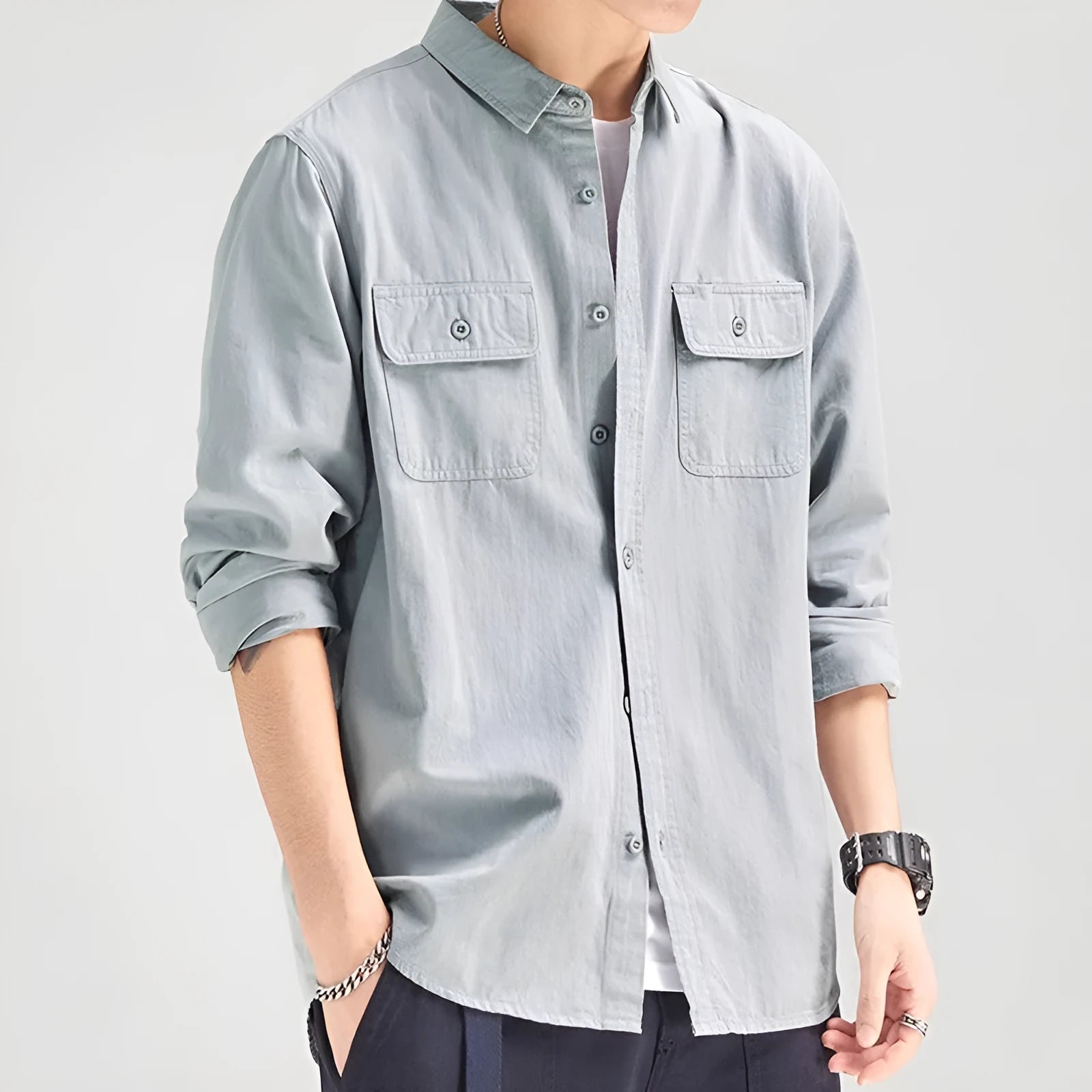 Men's loose fit cardigan-style long sleeve shirt in polyester fibre