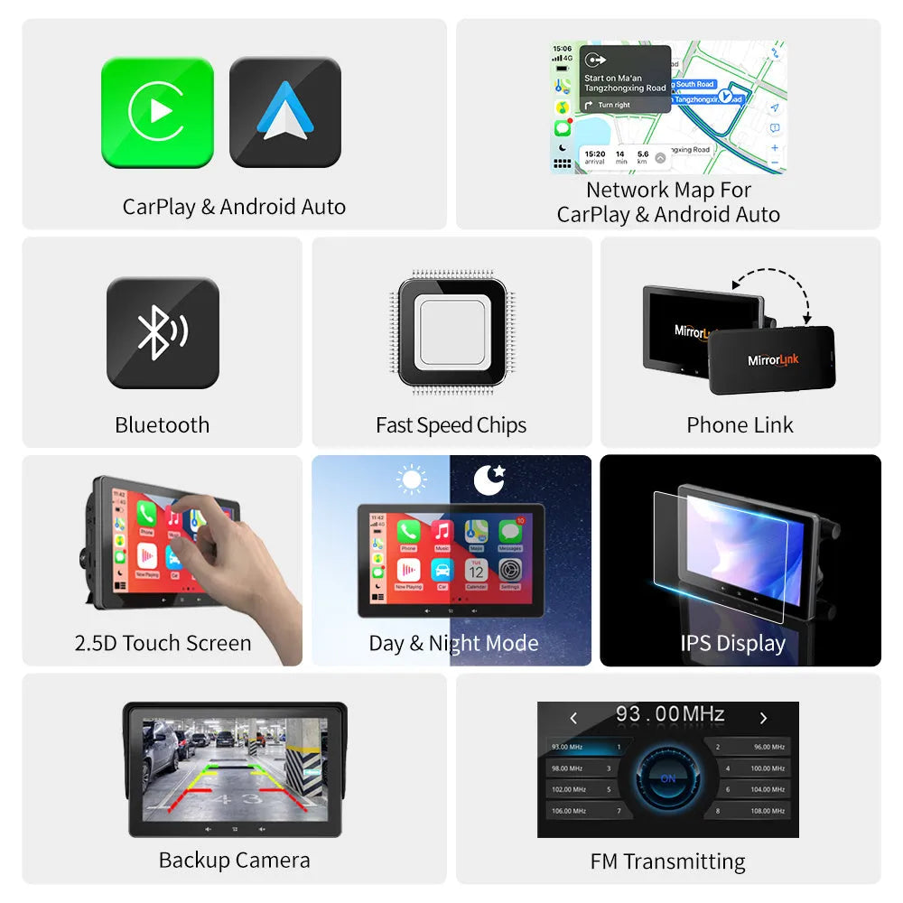 7 inch wireless CarPlay car display with suction cup mount and cigarette lighter connector