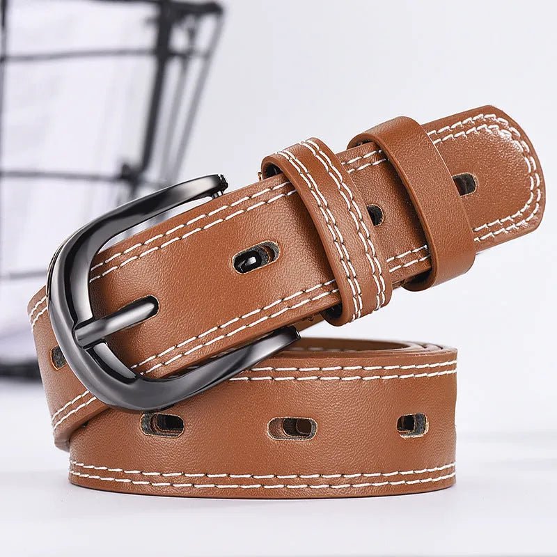 Thin imitation leather belt with hollow-out square buckle in five colours, 105cm length