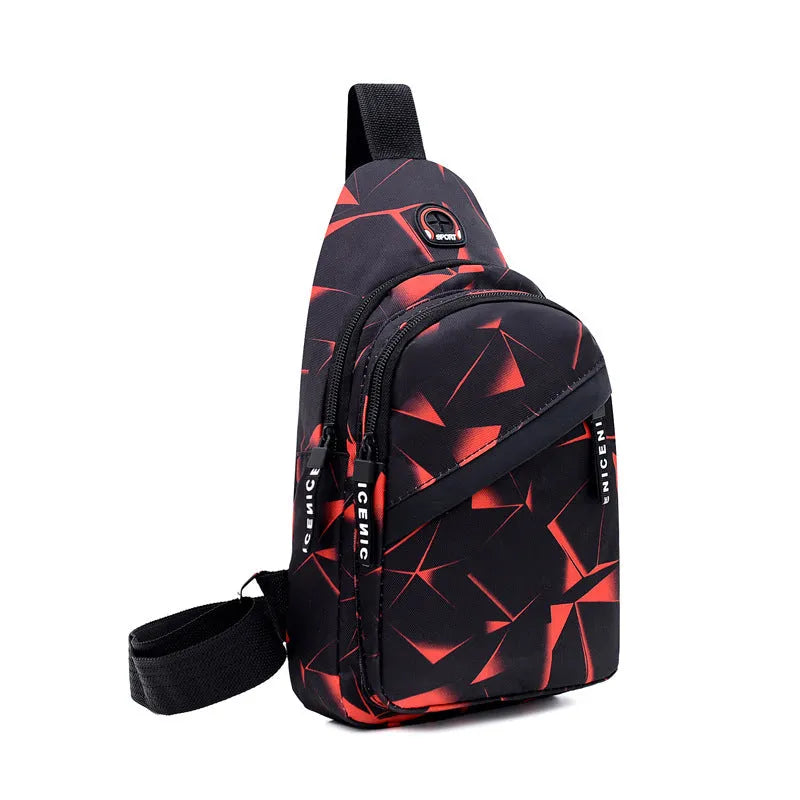 Men's black print sling chest bag with earphone hole and zipper, showing inner patch pocket.
