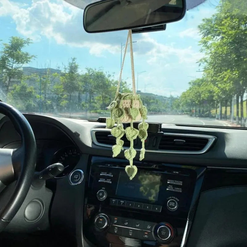 Green and white knitted wool car plant decoration hanging from a rope.