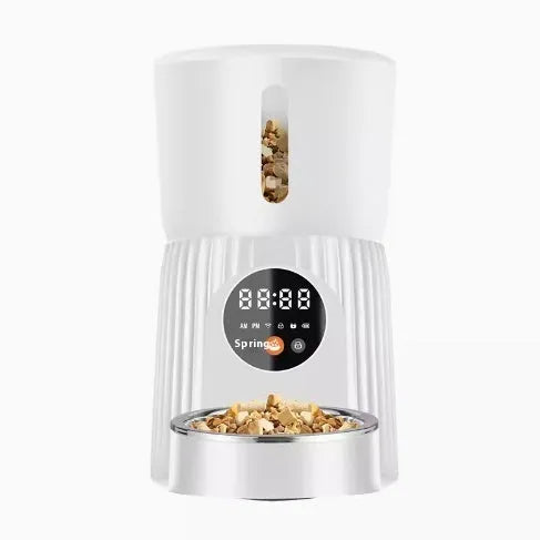 Black intelligent pet feeder with digital display and food container for automatic timed feeding