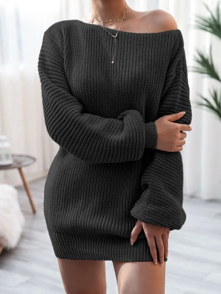 Women's off-shoulder knitted sweater dress with lantern sleeves in solid colour
