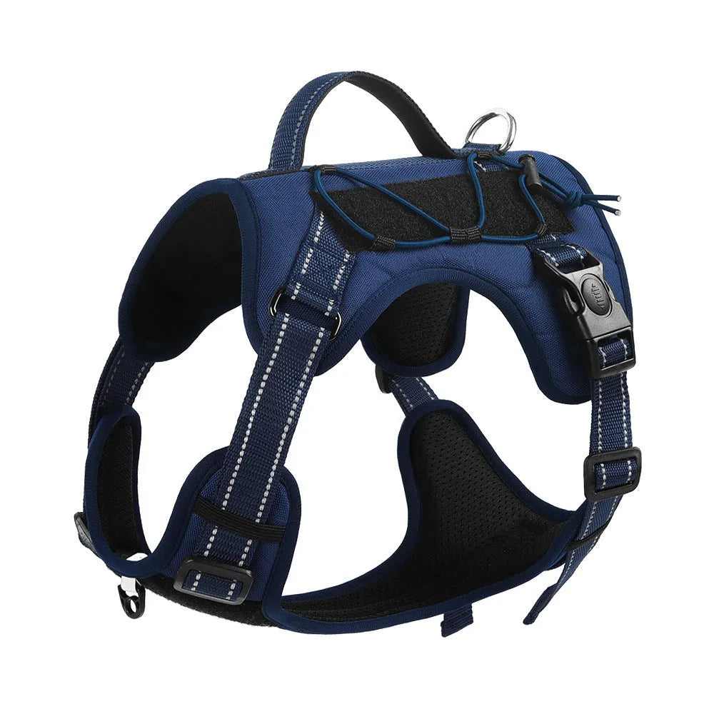 Reflective dog harness vest with integrated hand-holding rope leash in orange colour showing explosion-proof chest strap design