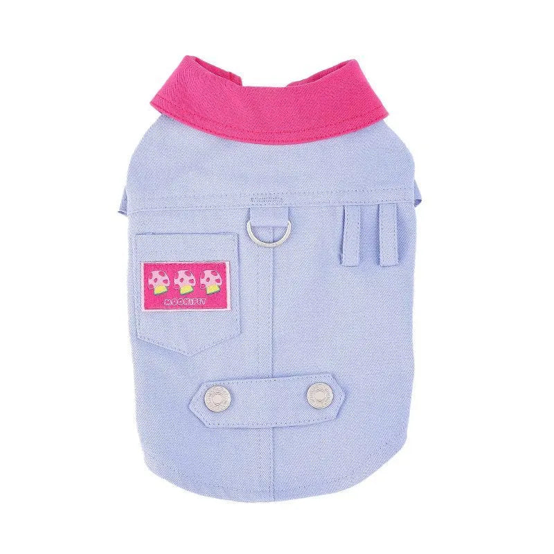 Blue and purple polyester dog vest with chest ring for traction rope attachment in seven sizes for small dogs