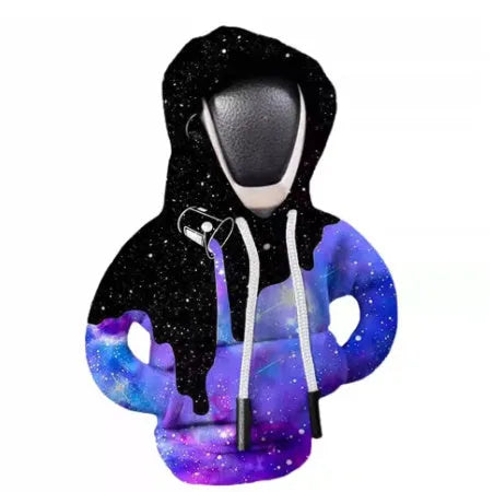 Cloth gear shift knob hoodie cover in assorted colours, shown next to a car gear stick.
