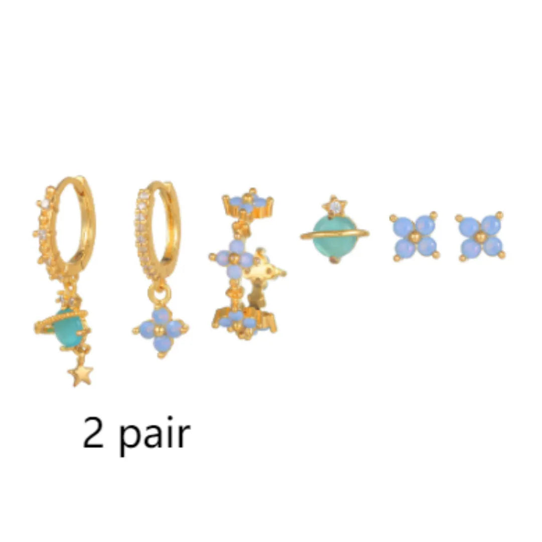 Japanese Korean style flower earrings with zircon mosaic on copper in gold and silver colours