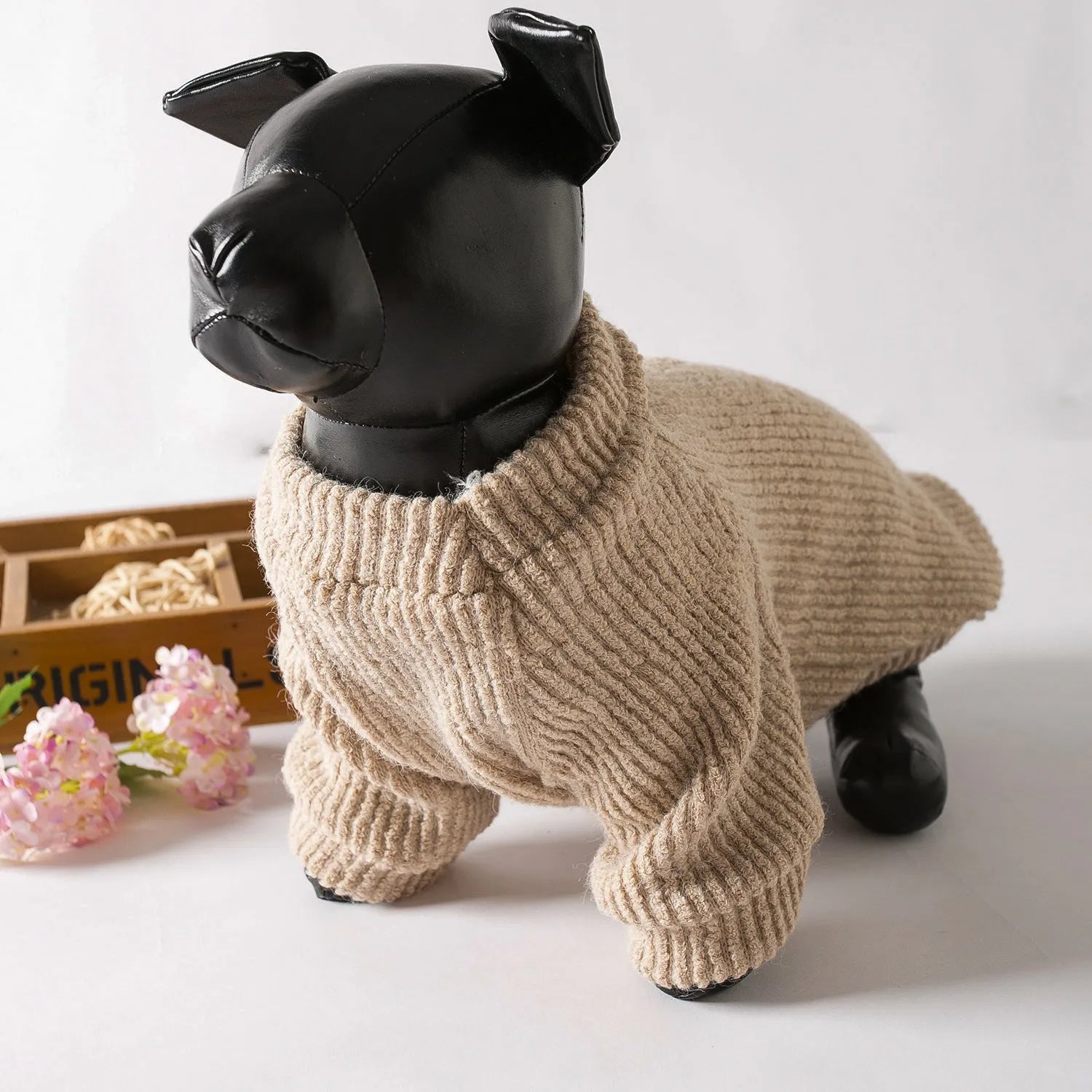 Brown knit pullover sweater on small dog showing casual style and fit