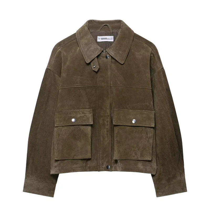Women's regular fit PU leather jacket in pictured colour with Japanese Korean casual style