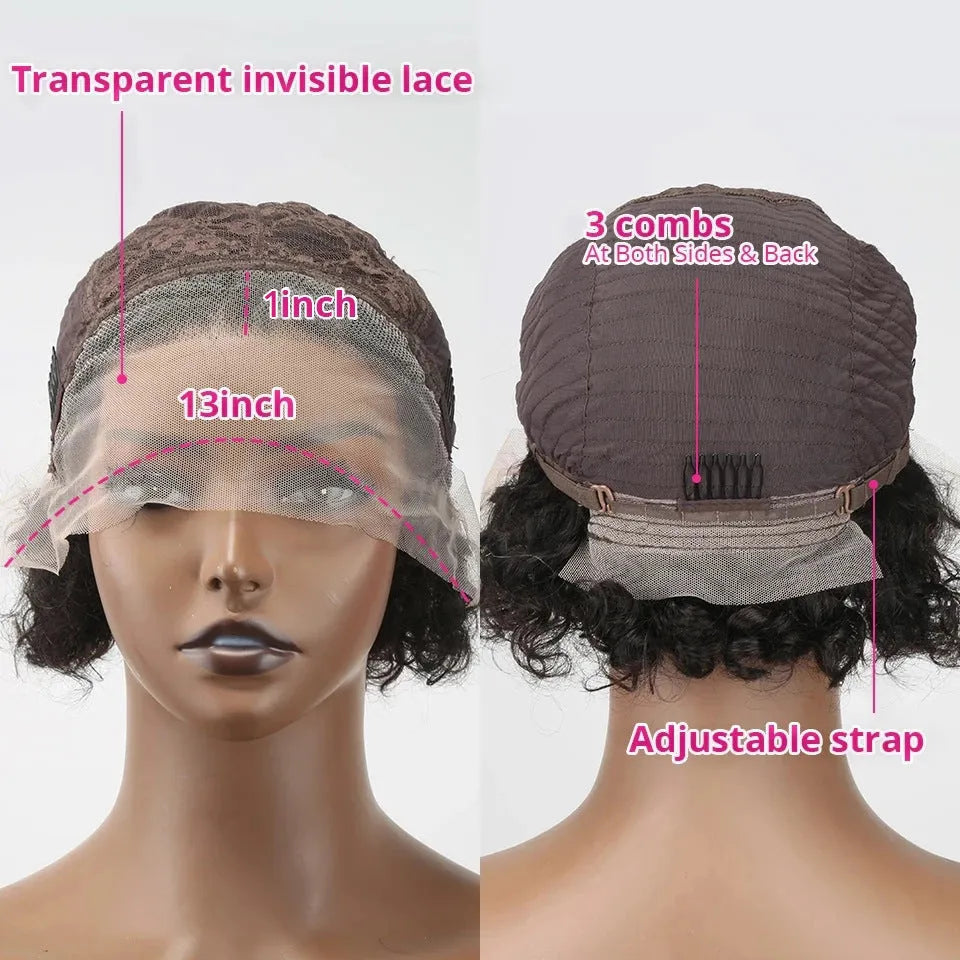 Black 13x1 human hair pixie wig with lace base for daily wear
