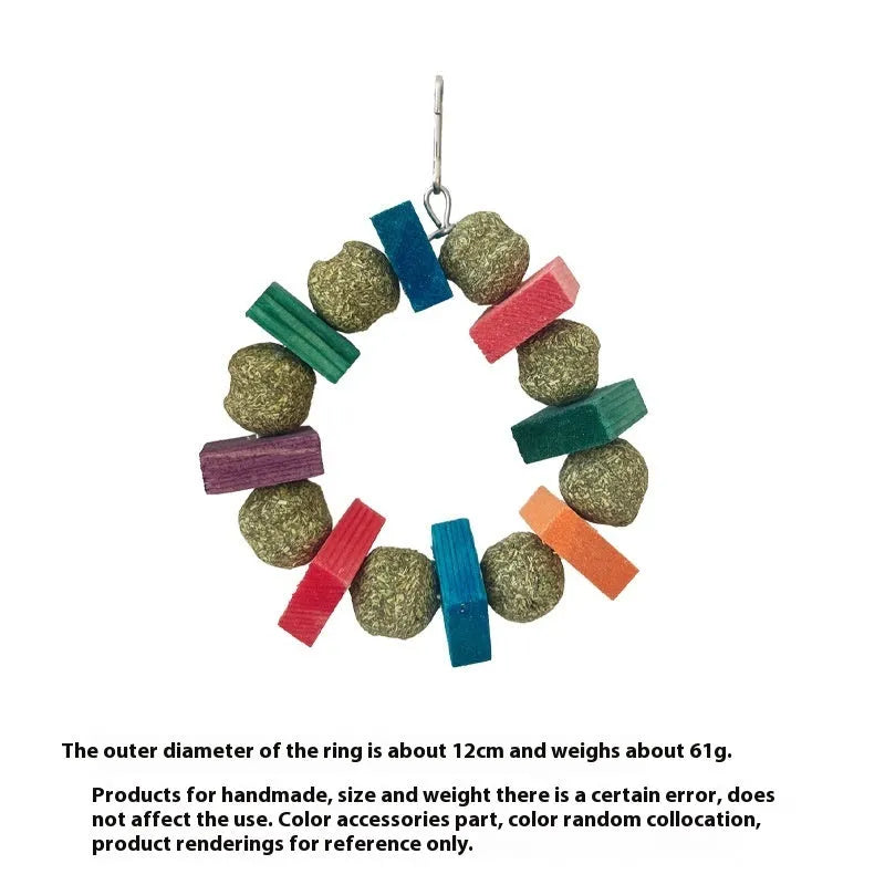 Hamster chew toy with applewood stick and decorative straw ball ring for small pets
