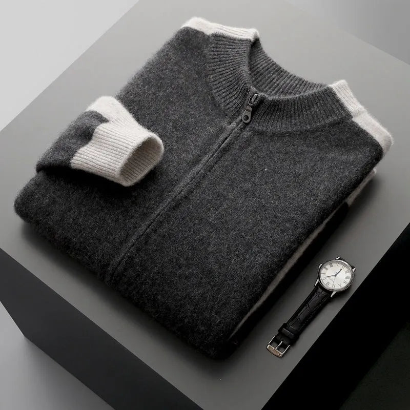 Men's half turtleneck zipper cardigan in thick wool yarn available in multiple colours