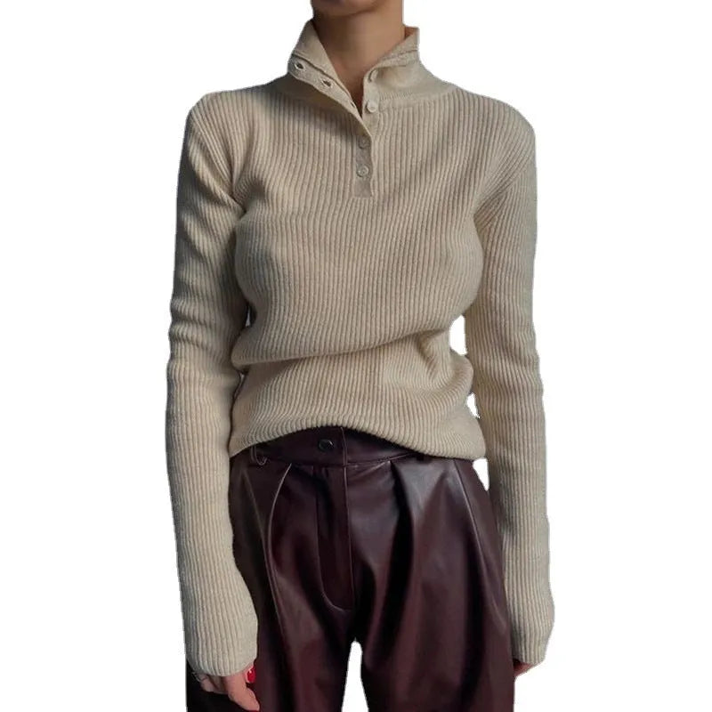 Retro breasted half turtleneck slim fit pullover sweater in silver grey colour