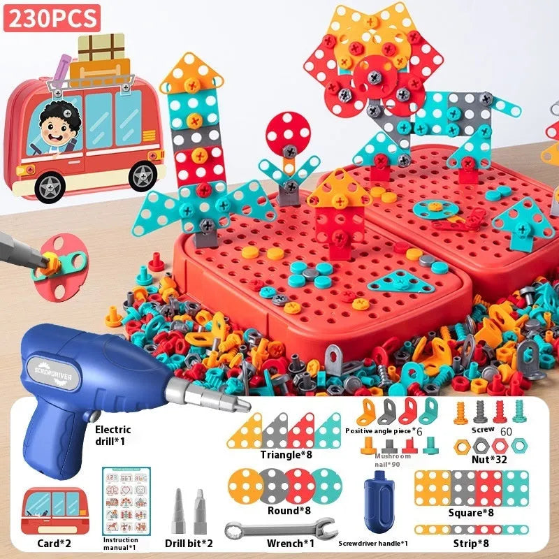 Children's screw puzzle toy with electric drill and plastic screws in a colour box, Big Dinosaur theme