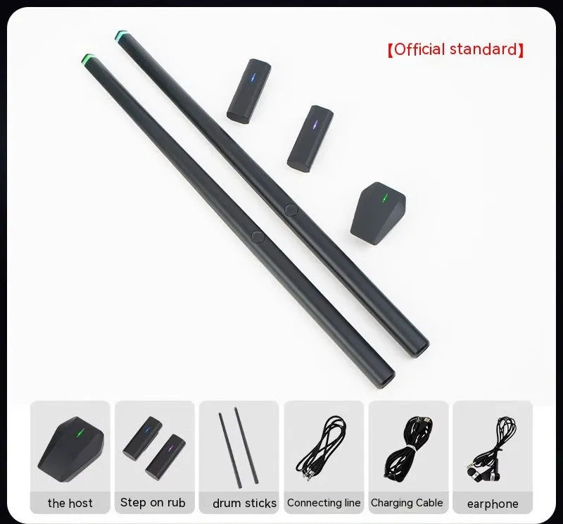 Black somatosensory air drum kit virtual AR toy with wireless connectivity and LED lighting
