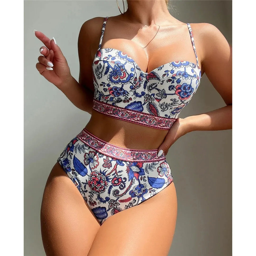 Blue women's high-waist push-up bikini swimsuit made from polyester fabric