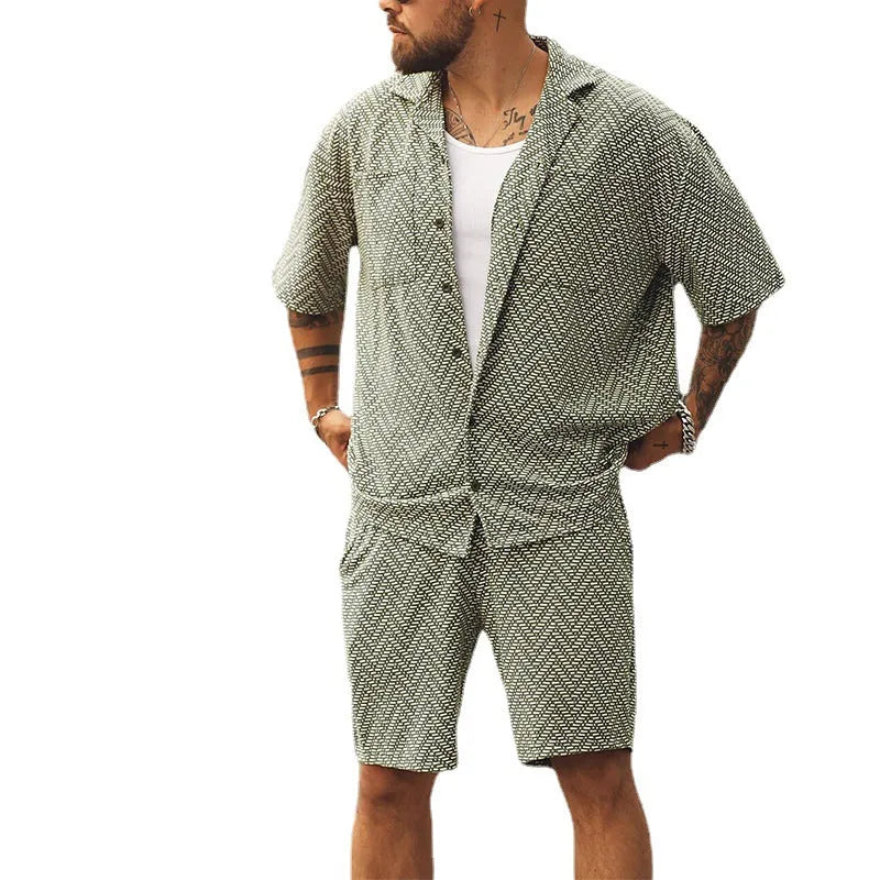 Fashion Individual casual shirt and shorts set in grayish green polyester for men