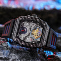 Mechanical waterproof luminous men's watch with black dial and rubber strap showing see-through case back