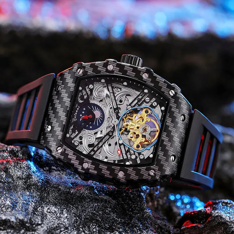 Mechanical waterproof luminous men's watch with black dial and rubber strap showing see-through case back