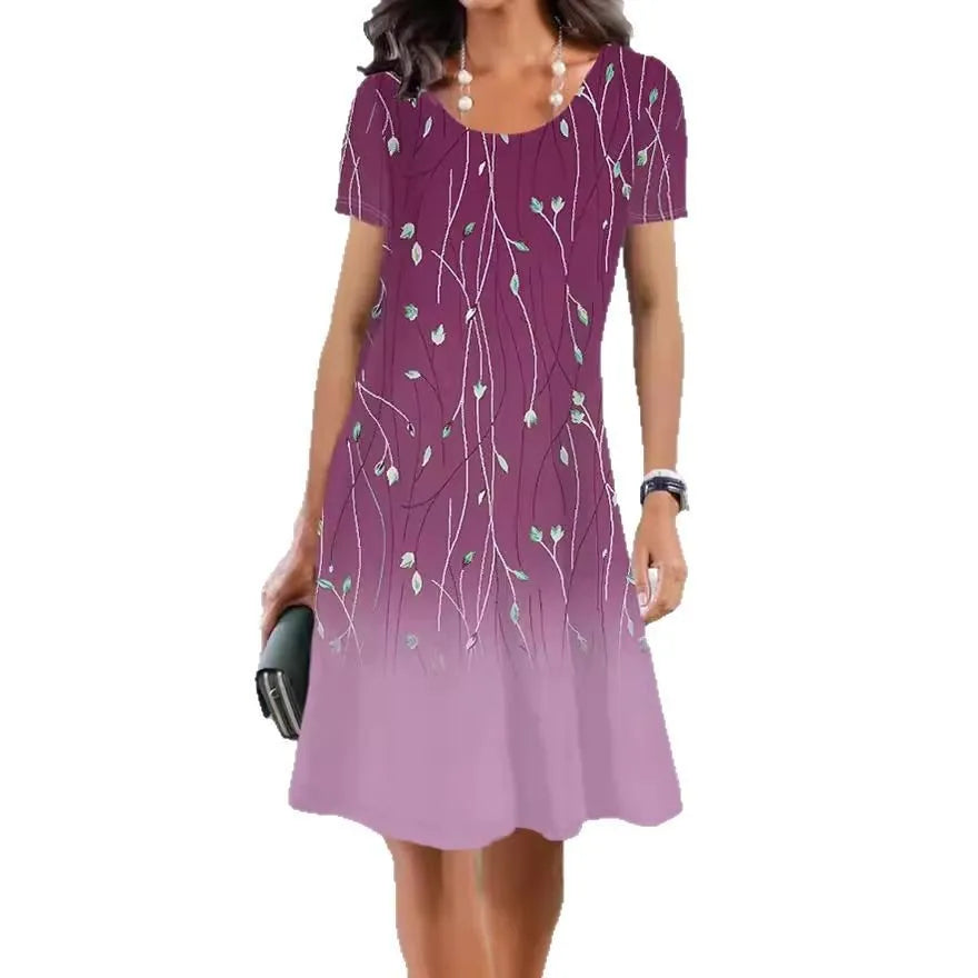 Women's mid-length dress with botanical floral print in ice silk fabric, A-line silhouette with short sleeves