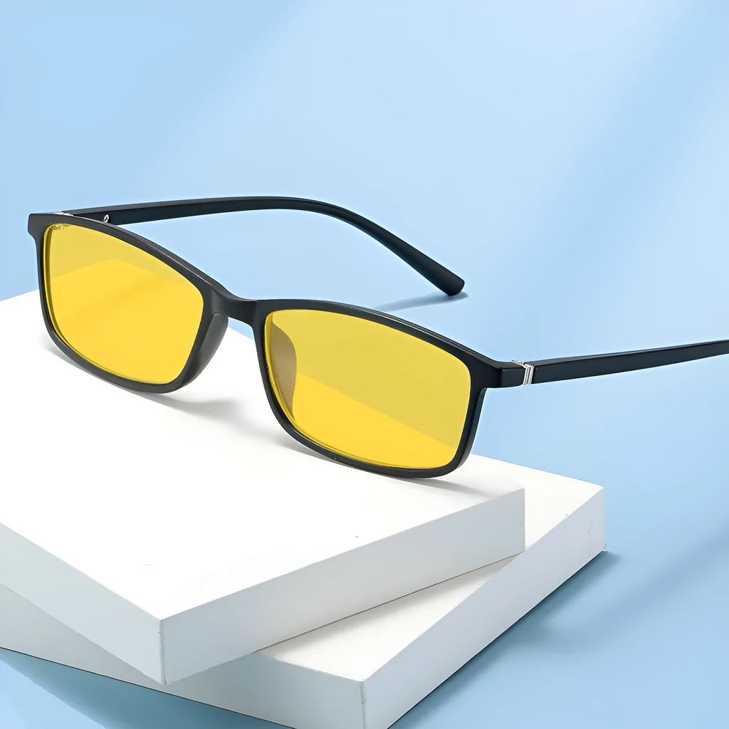 Retro small frame night vision anti-blue ray plain glasses with bright black frame on a white background