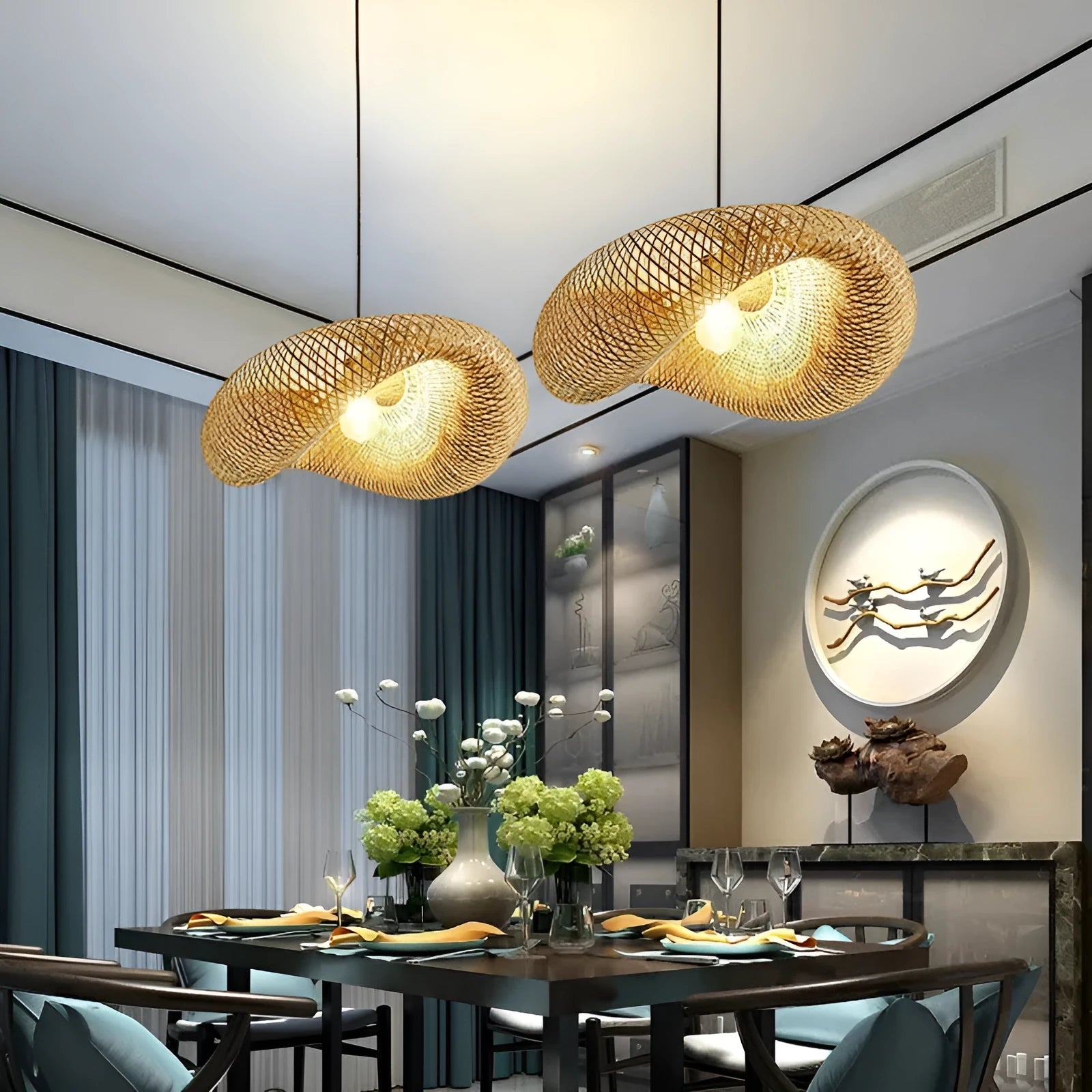 Woven bamboo straw hat-shaped hanging chandelier lamp showing natural texture and light diffusion.