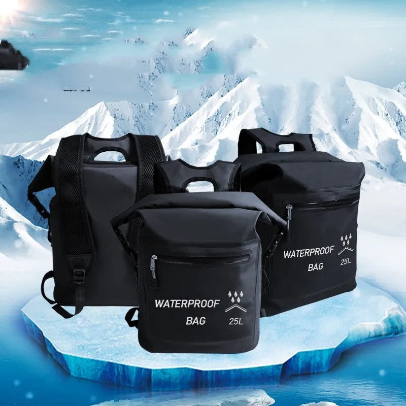 Black 25 litre waterproof outdoor backpack for swimming and rafting