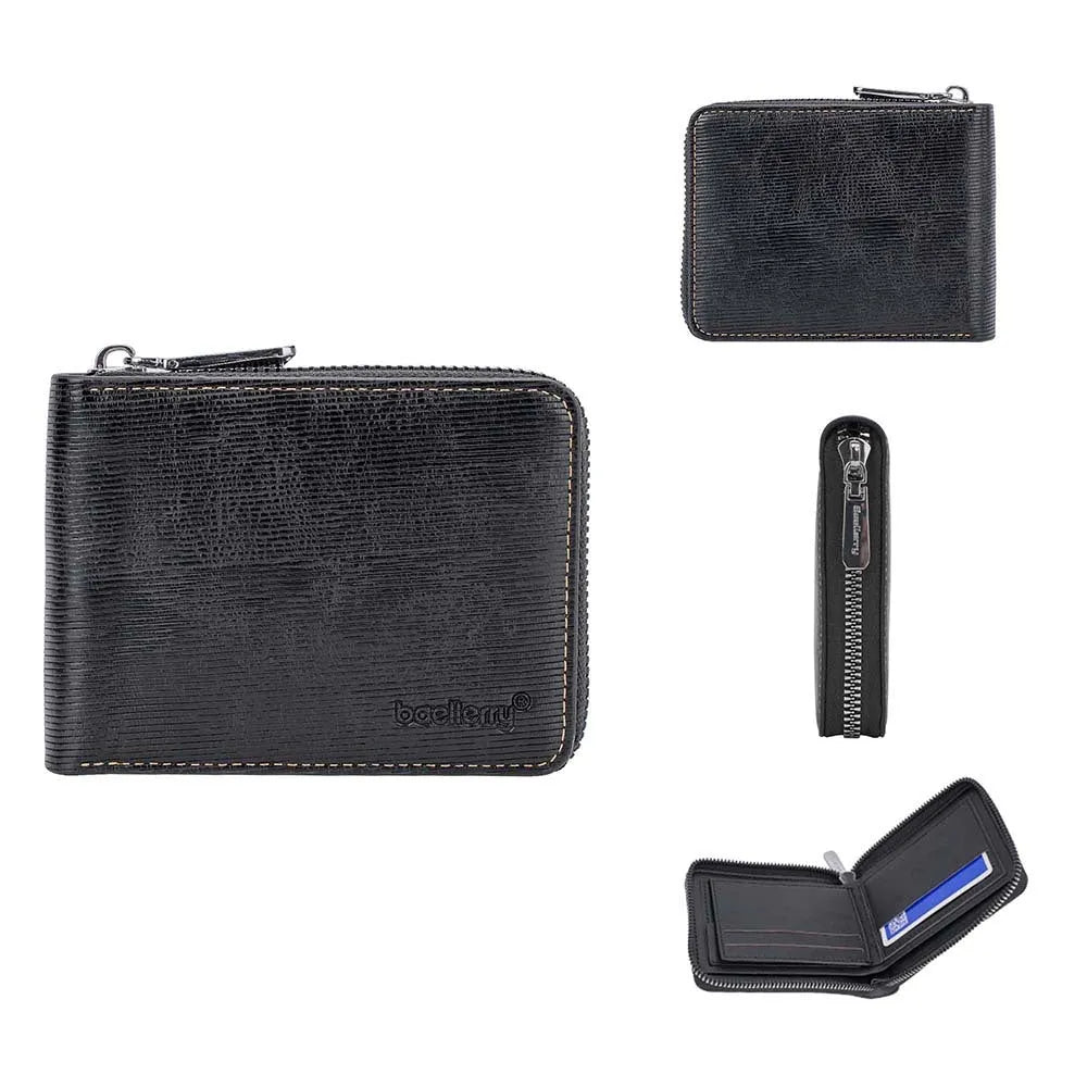 Leather anti-theft credit card zipper wallet with embossed pattern in black or brown colours