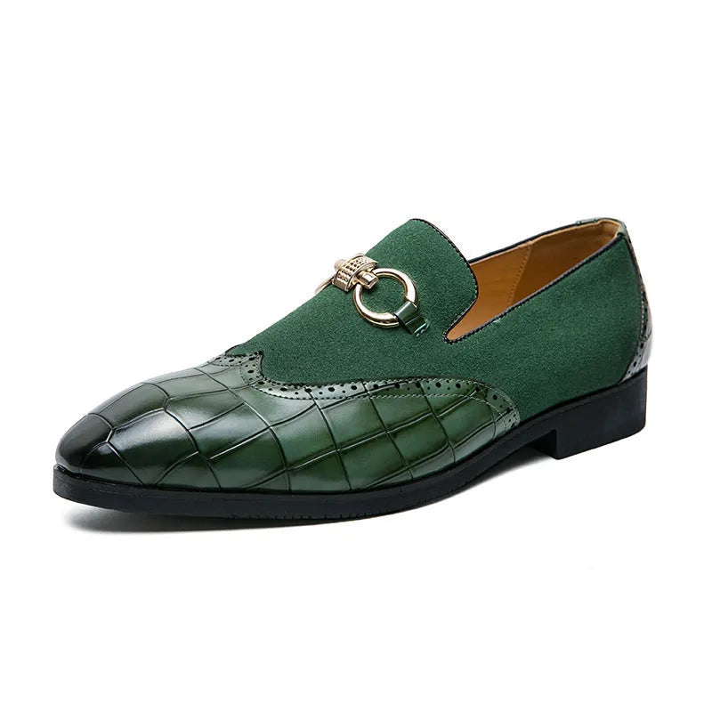 Men's black pointed toe low top casual shoes with a rubber sole and decorative stitching.