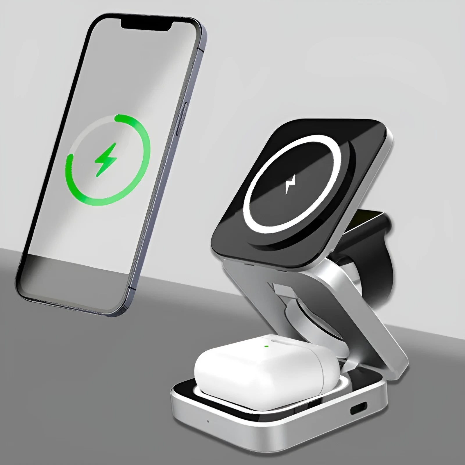 Folding three-in-one wireless charging bracket for Apple Samsung and Google devices with magnetic ring