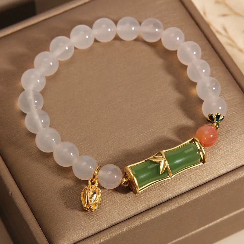 White agate and jade bamboo beaded bracelet in Chinese retro style for women