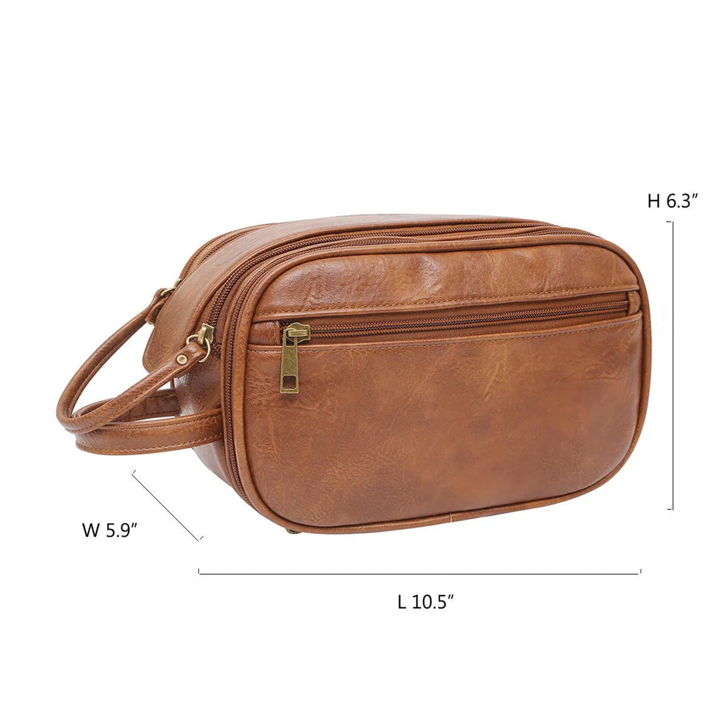 Men's black PU leather toiletry bag with multiple compartments open