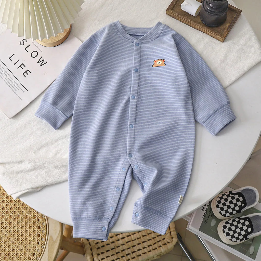 Baby Dralon striped jumpsuit romper in bean green with long sleeves and hide hook closure on white background