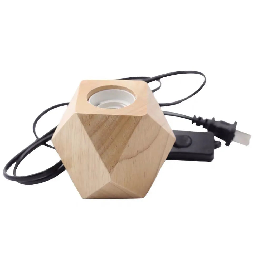 Retro wooden lamp holder with hanging wire in square and diamond shapes on a wood base.