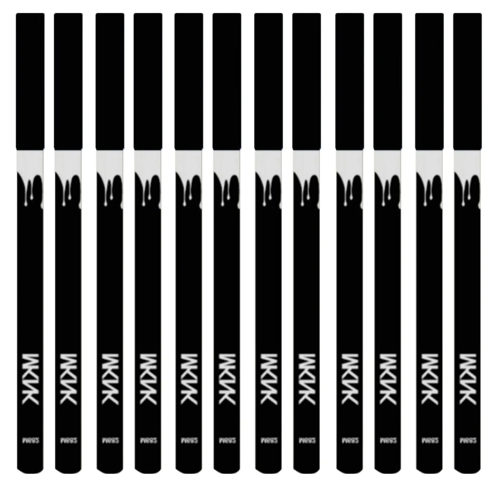 12 white and black waterproof eyeliner pencils with a sharpener arranged on a white background.