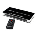 Black HDMI audio switch with 4 inputs and 1 output, remote control included