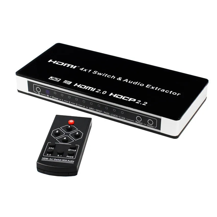Black HDMI audio switch with 4 inputs and 1 output, remote control included