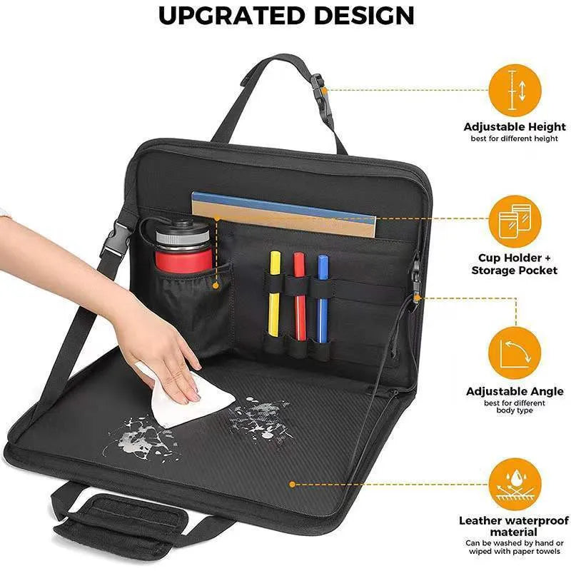 Black Oxford cloth computer bag with nylon lining and sewing thread details