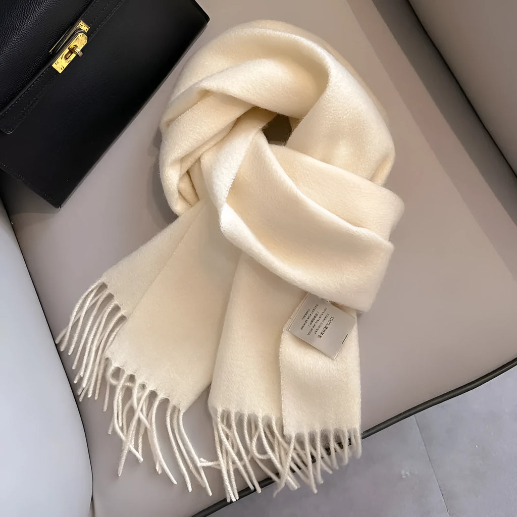Pure wool mid-length narrow scarf with tassel detailing in beige, 180x32 cm, laid flat